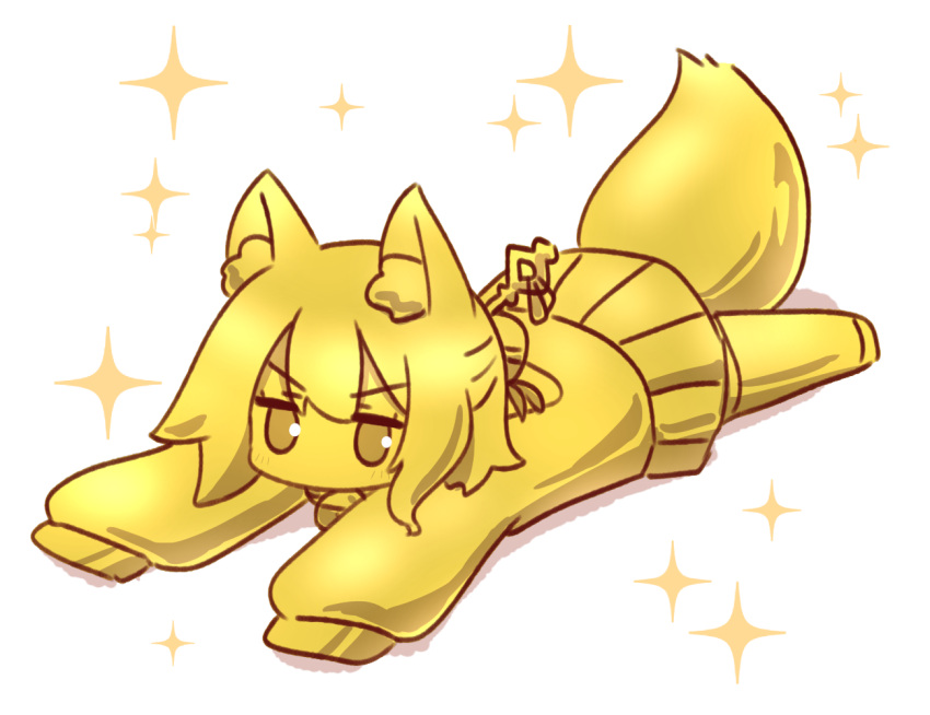 1girl animal_ear_fluff animal_ears fox_ears fox_girl fox_tail full_body gold golden_week hair_between_eyes kemomimi-chan_(naga_u) long_sleeves looking_at_viewer lying naga_u on_stomach original pleated_skirt shirt simple_background skirt sleeves_past_fingers sleeves_past_wrists solo sparkle tail thighhighs v-shaped_eyebrows white_background