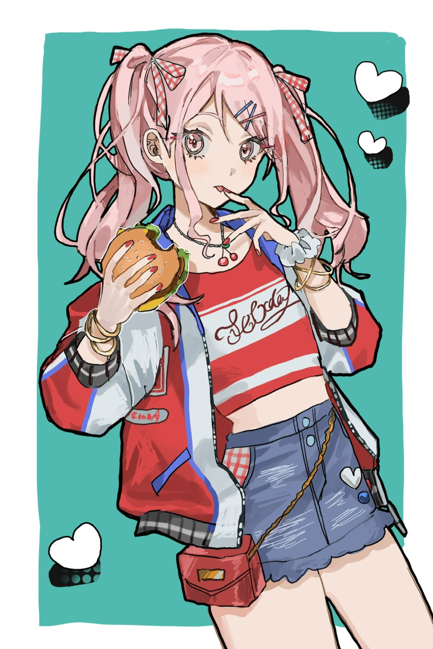 1other akiyama_mizuki androgynous aqua_background bag border burger crop_top denim denim_skirt food handbag heart highres holding holding_food inu_totemo jacket jewelry long_hair necklace pink_eyes pink_hair project_sekai red_bag red_jacket red_nails red_shirt shirt skirt tongue tongue_out twintails white_border