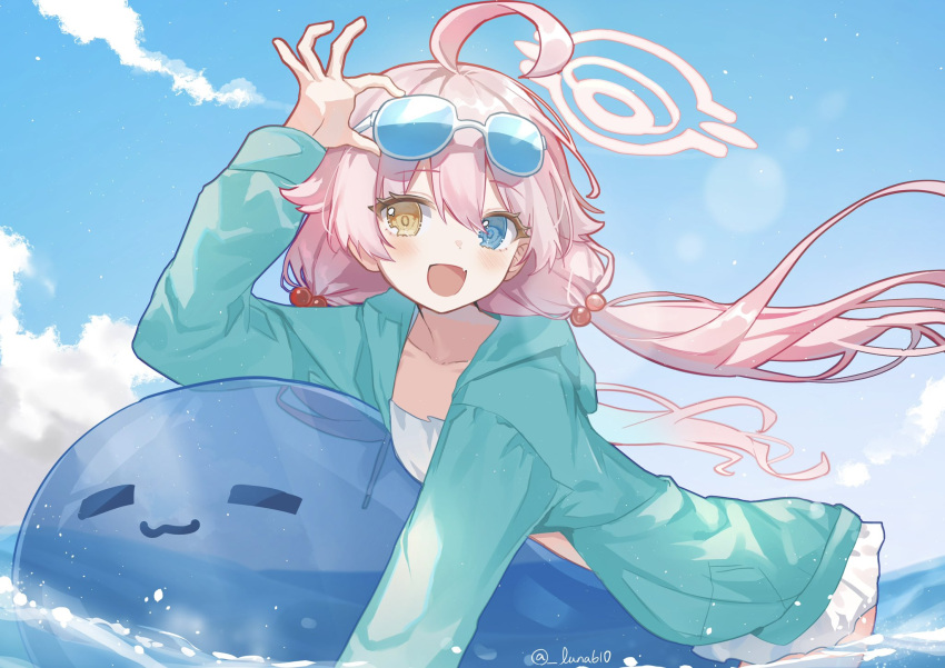 1girl ahoge aqua_jacket bikini blue_archive blue_eyes blush collarbone day fang hair_between_eyes halo hetero highres hoshino_(blue_archive) hoshino_(swimsuit)_(blue_archive) inflatable_toy inflatable_whale jacket long_hair long_sleeves low_twintails luna_(luna610) open_clothes open_jacket open_mouth pink_hair pink_halo skin_fang smile solo swimsuit twintails twitter_username water white_bikini yellow_eyes