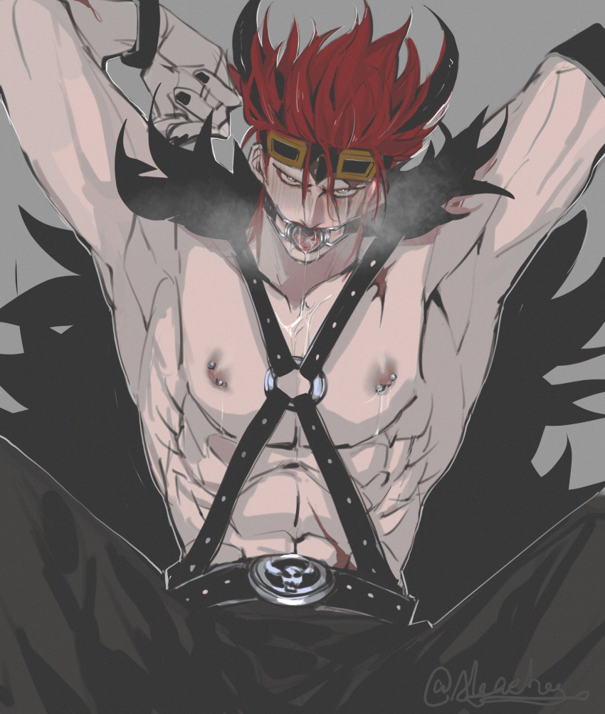 1boy abs algaebog armpits arms_up bara barbell_piercing black_nails blush breath cape eustass_kid feet_out_of_frame fur_cape gagged goggles goggles_on_head highres horns large_pectorals long_sideburns looking_at_viewer male_focus muscular muscular_male nipple_piercing nipples o-ring o-ring_top official_alternate_costume one_piece pectorals piercing red_hair saliva_drip scar scar_on_chest short_hair sideburns sitting skull_belt solo stomach sweat v-taper