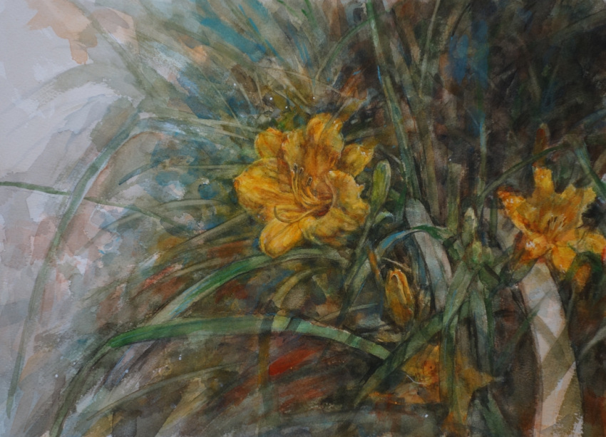 flower grass no_humans original painting_(medium) plant realistic shiki4winter still_life traditional_media watercolor_(medium) yellow_flower