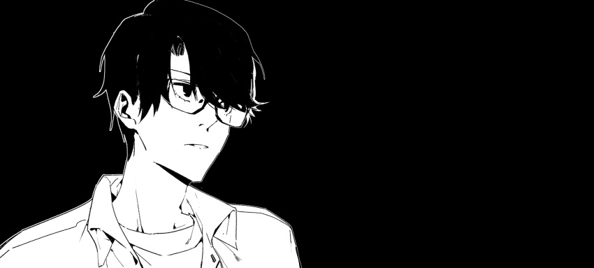 0000-111-0100-0 1boy bangs black_background chinese_commentary commentary_request dark glasses highres jacket klein_moretti looking_up lord_of_the_mysteries monochrome parted_lips shirt short_hair simple_background solo