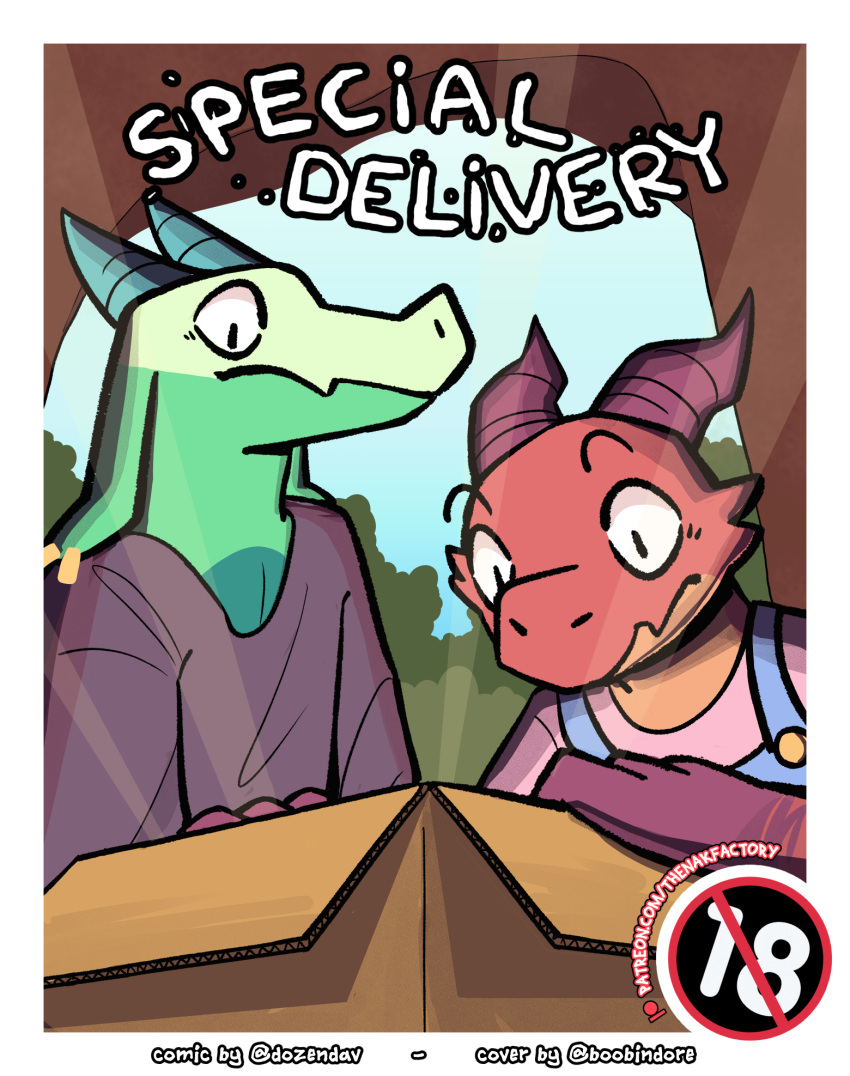 andromorph anthro box cardboard cardboard_box cave clothing colored comic container cover cover_art cover_page dozendav dragon dubindore duo feelze_(dozendav) hi_res horn intersex kobold motch_(dozendav) overalls patreon patreon_logo plant sky text url watermark