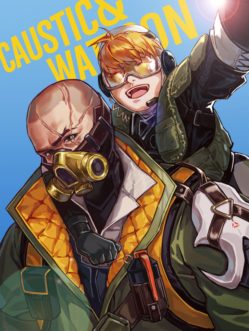 1boy 1girl ^_^ apex_legends bald black_eyes black_gloves black_jacket cable caustic_(apex_legends) character_name clenched_hand closed_eyes commission field_research_caustic fly-by-wire_wattson gas_mask gloves green_jacket green_vest head_tilt headset highres jacket lava_(darkxingblack) lens_flare looking_at_viewer mask official_alternate_costume open_mouth scar scar_on_head selfie shirt smile sun vest wattson_(apex_legends) white_shirt