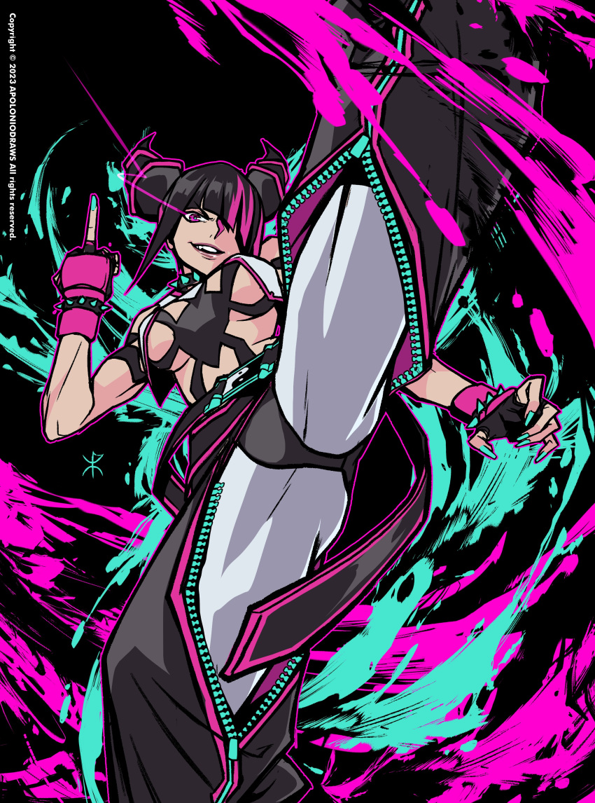 1girl absurdres apoloniodraws black_hair bracelet breasts fingerless_gloves gloves han_juri highres ink jewelry leg_up looking_at_viewer martial_arts_belt middle_finger multicolored_hair muscular muscular_female pink_eyes ponytail short_hair spiked_bracelet spikes streaked_hair street_fighter street_fighter_6 zipper