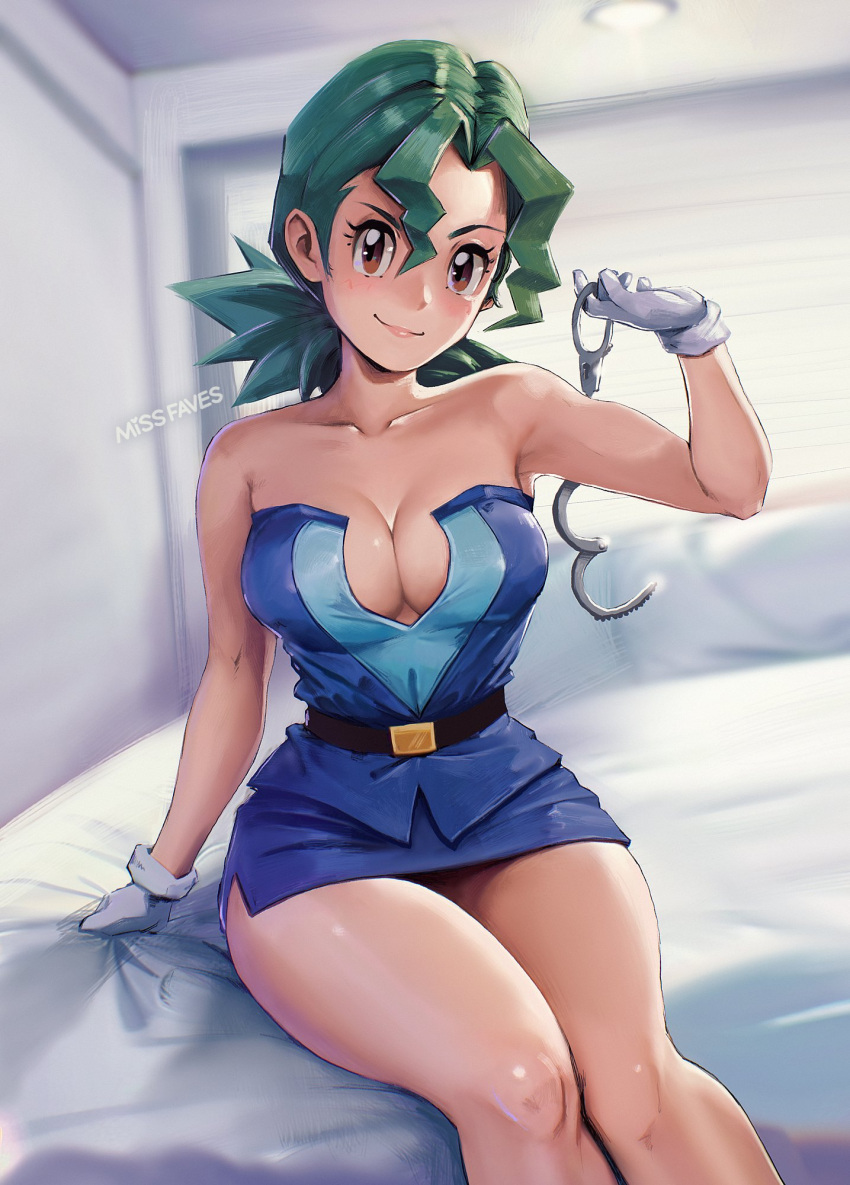 1girl adapted_costume artist_name blue_skirt bodice breasts brown_eyes cleavage closed_mouth cuffs english_commentary gloves green_hair hair_between_eyes handcuffs highres holding holding_handcuffs indoors jenny_(pokemon) large_breasts long_hair looking_at_viewer miniskirt missfaves on_bed pencil_skirt pokemon pokemon_(anime) pokemon_(classic_anime) police police_uniform policewoman skirt smile solo uniform white_gloves