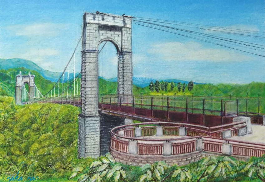 balcony blue_sky brick bridge cable cloud cloudy_sky colored_pencil_(medium) forest highres mountainous_horizon nakanaori31 nature no_humans original plant platform railing scenery signature sky traditional_media tree wire