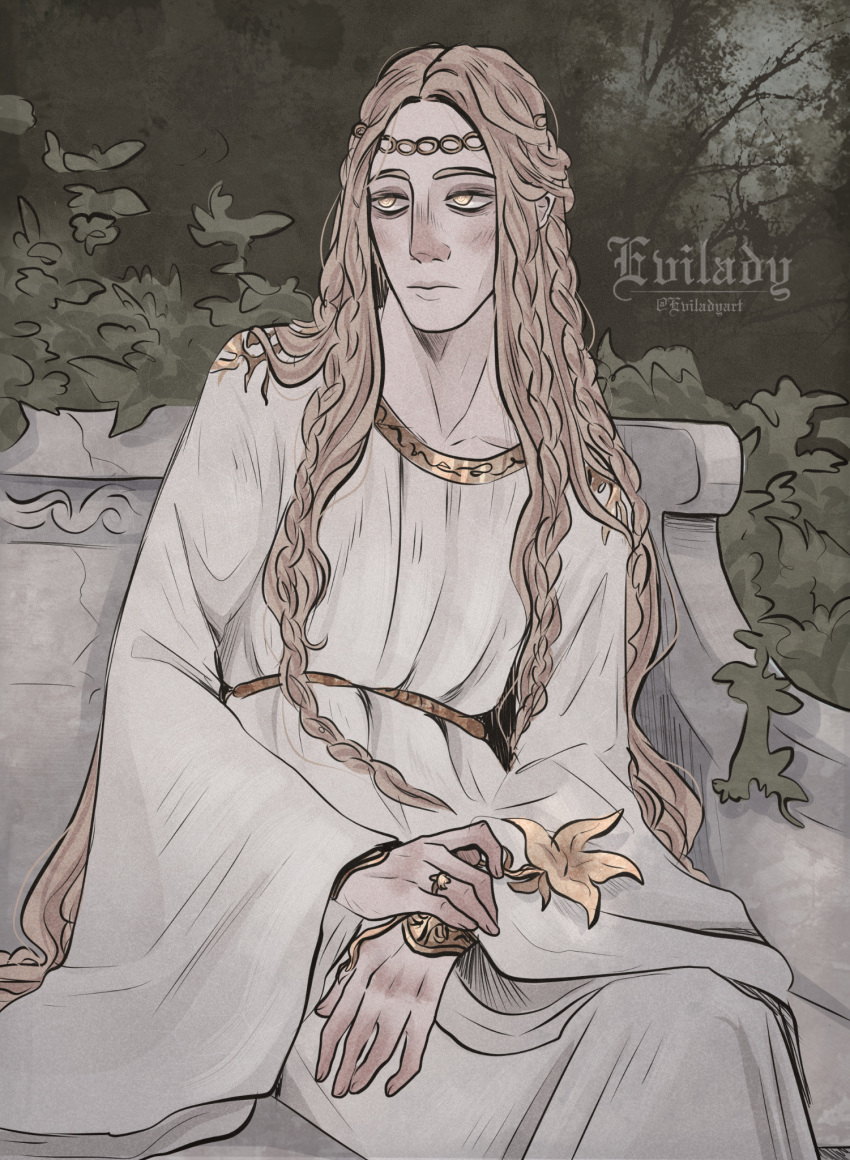 1boy aged_up blonde_hair braid circlet elden_ring eviladyart flower garden gold_bracelet gold_trim hands_on_lap highres holding holding_flower jewelry lily_(flower) long_hair looking_to_the_side miquella_(elden_ring) multiple_braids own_hands_clasped own_hands_together ring robe sitting sitting_on_bench stone_bench very_long_hair white_robe yellow_eyes