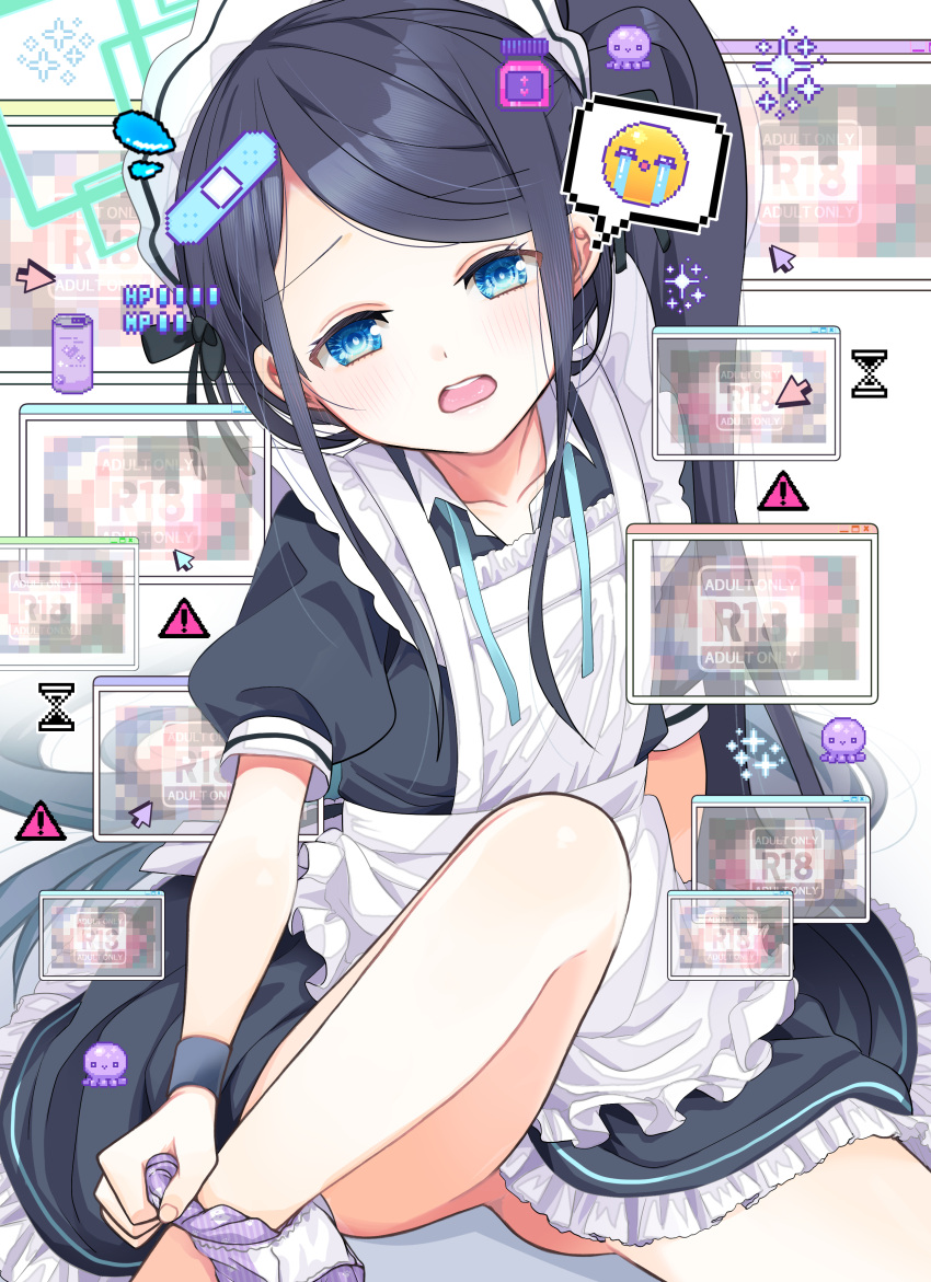 ! 1girl absurdres apron aris_(blue_archive) aris_(maid)_(blue_archive) arm_support bandaid black_dress black_hair black_wristband blue_archive blue_eyes blush censored commentary_request crying_emoji dress emoji flat_chest flying_sweatdrops frilled_apron frilled_skirt frills halo hayashidahana highres legs long_hair looking_at_viewer maid maid_apron maid_headdress mosaic_censoring multiple_cursors no_panties octopus official_alternate_costume on_floor open_collar open_mouth panties panties_removed pill_bottle pixel_art puffy_short_sleeves puffy_sleeves purple_panties short_sleeves side_ponytail sidelocks sitting skirt solo sparkle spoken_emoji teeth thighs underwear upper_teeth_only very_long_hair white_apron white_background window_(computing)