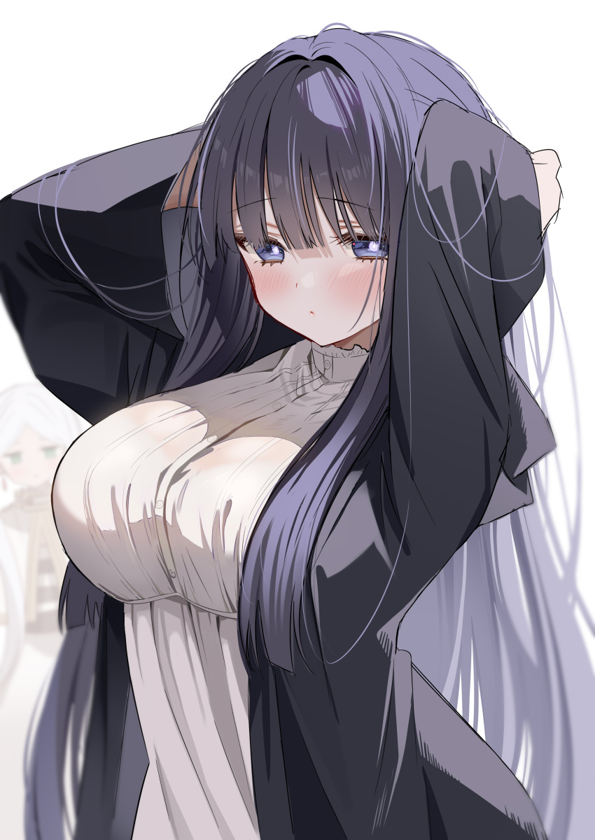 2girls absurdres adjusting_hair arms_behind_head arms_up black_coat blunt_bangs blush breasts bright_pupils closed_mouth coat commentary_request dress fern_(sousou_no_frieren) frieren hair_intakes highres hime_cut large_breasts long_hair looking_at_viewer multiple_girls open_clothes open_coat piyopoyo purple_eyes purple_hair ribbed_dress simple_background solo_focus sousou_no_frieren straight_hair upper_body very_long_hair white_background white_dress