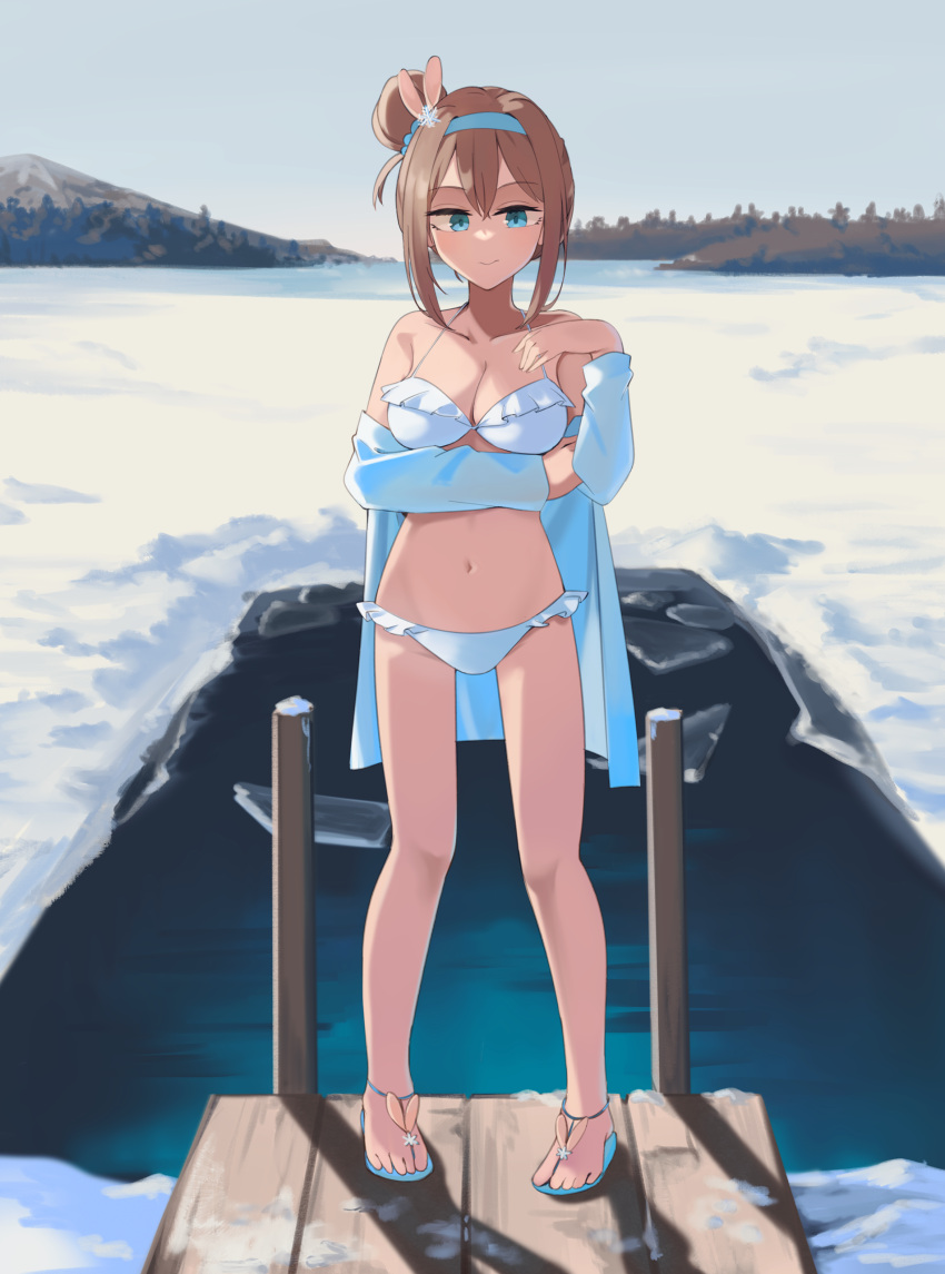 1girl absurdres bare_shoulders bikini blonde_hair blue_eyes blue_headband breasts cleavage closed_mouth collarbone full_body girls'_frontline headband highres hinami047 long_hair looking_at_viewer medium_breasts navel official_alternate_costume sandals smile snow solo standing suomi_(girls'_frontline) suomi_(midsummer_pixie)_(girls'_frontline) swimsuit white_bikini winter