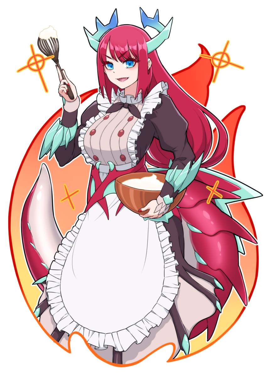 apron blue_eyes breasts cake_batter dragon_girl dragon_horns dragon_tail duel_monster highres holding holding_whisk horns kitchen_dragonmaid large_breasts maid mixing_bowl red_hair red_nails tail whisk white_apron yata_masahara yu-gi-oh!