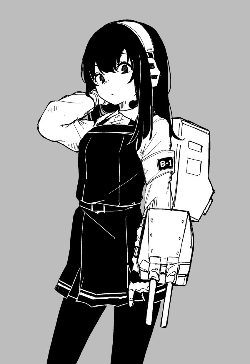 1girl adapted_turret asashio_(kancolle) cannon collarbone daigaku_jitome dress dress_shirt grey_background headphones high_contrast highres kantai_collection machinery monochrome pantyhose pinafore_dress shirt sleeveless sleeveless_dress solo standing turret