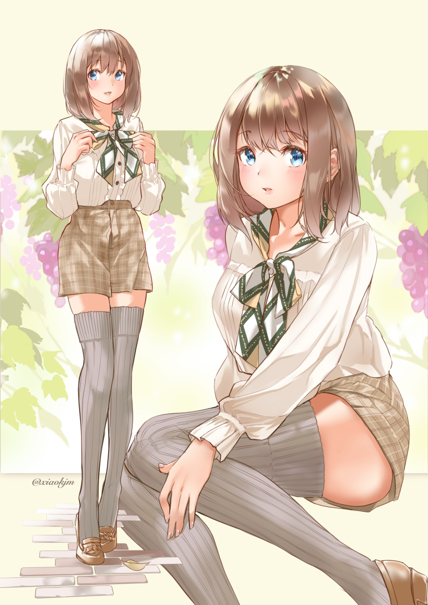 1girl ascot ass blue_eyes brown_hair collarbone fingernails food fruit grapes green_ascot highres koji_(kojikojimdw) loafers looking_at_viewer multiple_views original plaid plaid_shorts ribbed_legwear shirt shirt_tucked_in shoes short_hair shorts sitting standing stone_floor thighhighs white_shirt