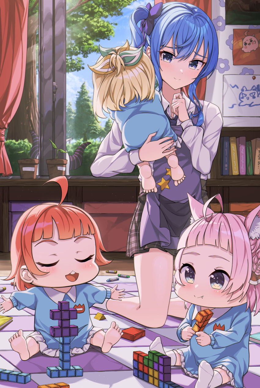 5girls absurdres ahoge blonde_hair blue_dress blue_eyes blue_hair blunt_bangs blush bow brown_skirt child closed_mouth curtains drawing dress hair_between_eyes hair_bow hakui_koyori highres holding_child hololive horns hoshimachi_suisei indoors kazama_iroha kindergarten_teacher kindergarten_uniform kneeling la+_darknesss long_hair looking_at_another miniskirt multiple_girls open_mouth pink_hair plaid plaid_skirt plant pleated_skirt potted_plant purple_bow red_hair sakura_miko side_ponytail skirt smile smug star_(symbol) star_in_eye symbol_in_eye tetris tree virtual_youtuber window yozora_(1wkdgusdn)