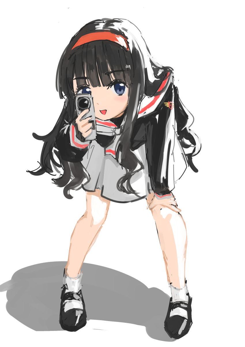 1girl absurdres ankle_socks black_hair blue_eyes blunt_bangs camcorder cardcaptor_sakura curly_hair daidouji_tomoyo hairband hand_on_own_knee highres holding_camcorder leaning_forward long_hair long_sleeves looking_at_viewer mano_eglu mary_janes open_mouth school_uniform serafuku shadow shoes socks solo tomoeda_elementary_school_uniform video_camera wavy_hair white_background white_socks