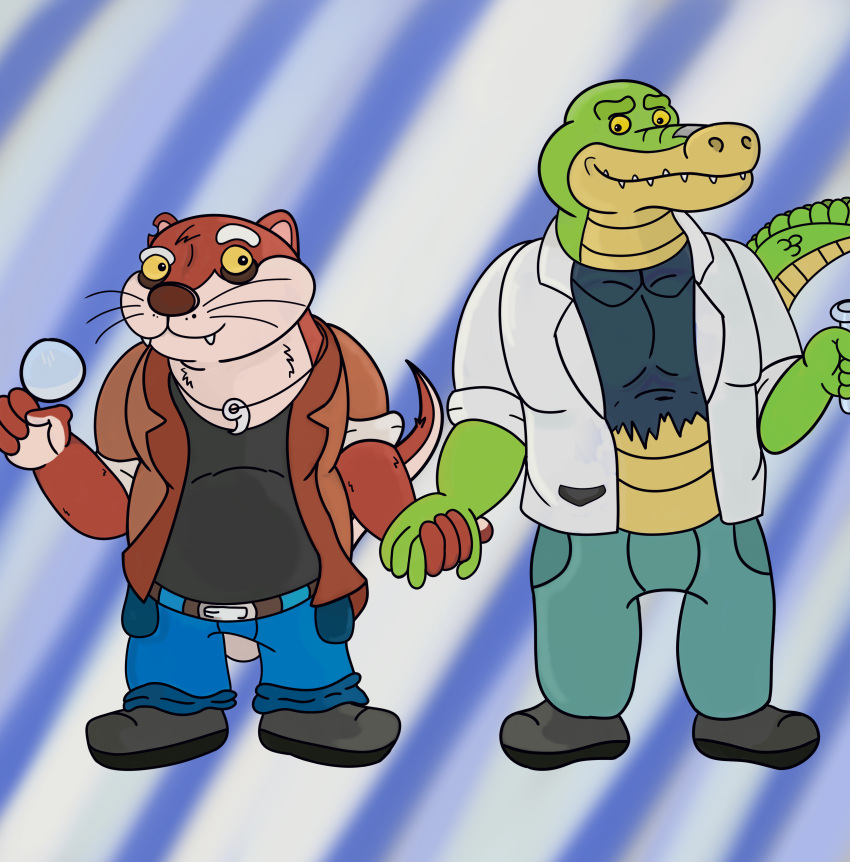 2023 4_fingers absurd_res alligator alligatorid anthro belly bottomwear brok_(character) brok_the_investigator clothing crocodilian cute_fangs dr._mink duo fingers green_body hand_holding hi_res humanoid_hands magnifying_glass male male/male mammal melonca53654294 mink mustelid musteline pants reptile scalie shirt slightly_chubby topwear true_musteline