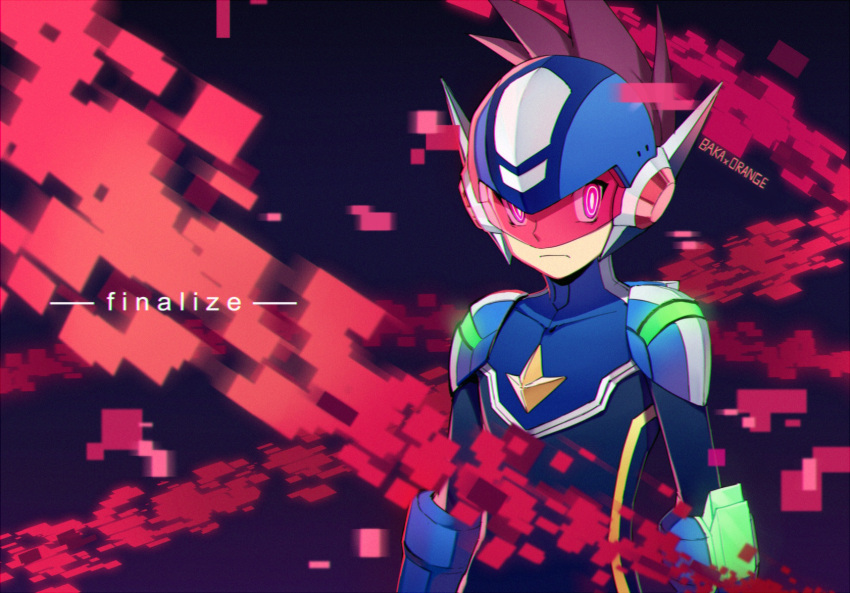 1boy black_background brown_hair commentary_request english_text geo_stelar_(mega_man) helmet highres looking_at_viewer male_focus mega_man_(series) mega_man_star_force modela_(baka_x_orange) red_eyes simple_background solo spiked_hair