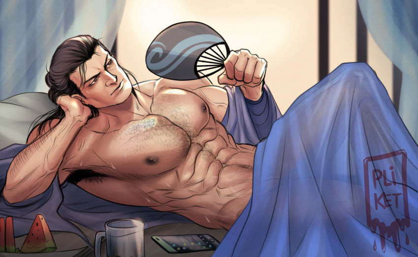 1boy abs armpit_hair armpit_peek bara bed_sheet black_male_underwear elbow_rest feet_out_of_frame from_side handheld_fan highres knee_up large_pectorals male_focus male_underwear male_underwear_peek mature_male mortal_kombat_(series) mortal_kombat_1_(2023) muscular muscular_male naked_sheet navel navel_hair nipples on_bed paid_reward_available pectorals see-through_silhouette solo sparse_chest_hair stomach sub-zero sweat tazahan thick_eyebrows topless_male underwear very_sweaty watching_television