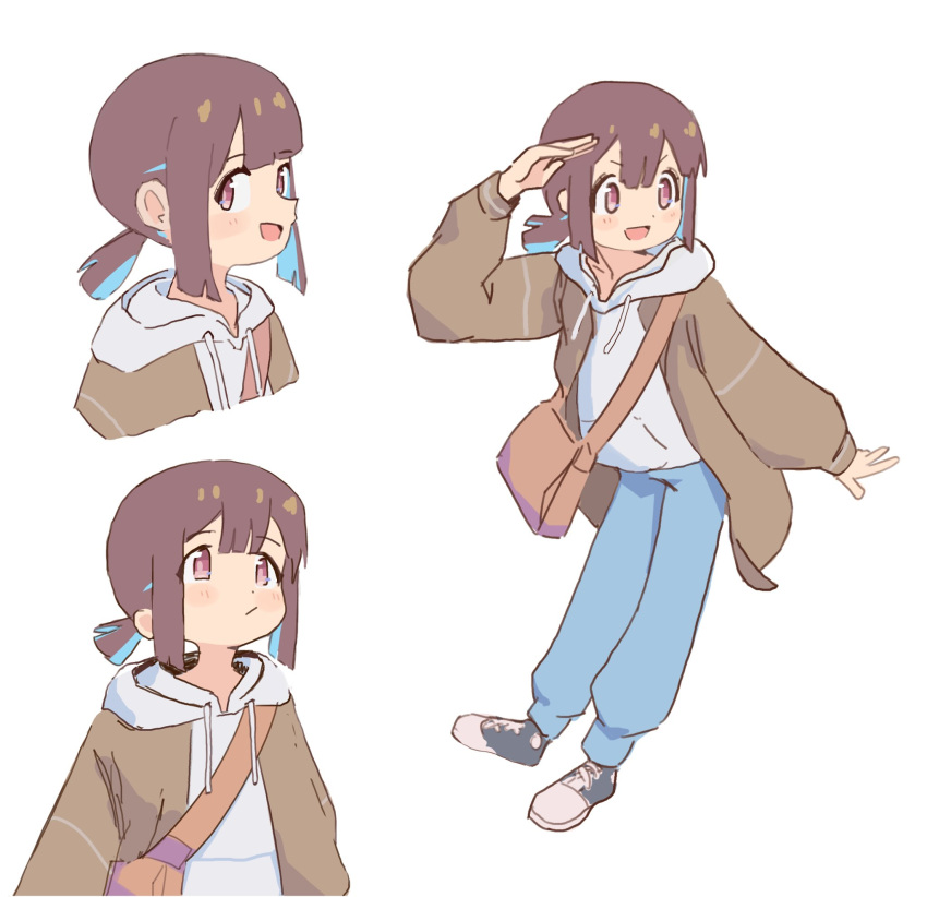 1girl :/ :d bag blue_hair blue_pants blunt_bangs blunt_ends brown_eyes brown_hair brown_jacket commentary drawstring gustavo_schuler highres hood hood_down hoodie hozuki_momiji jacket light_blush long_sleeves looking_away multicolored_hair multiple_views onii-chan_wa_oshimai! open_mouth pants short_hair short_ponytail shoulder_bag simple_background smile two-tone_hair white_background white_hoodie