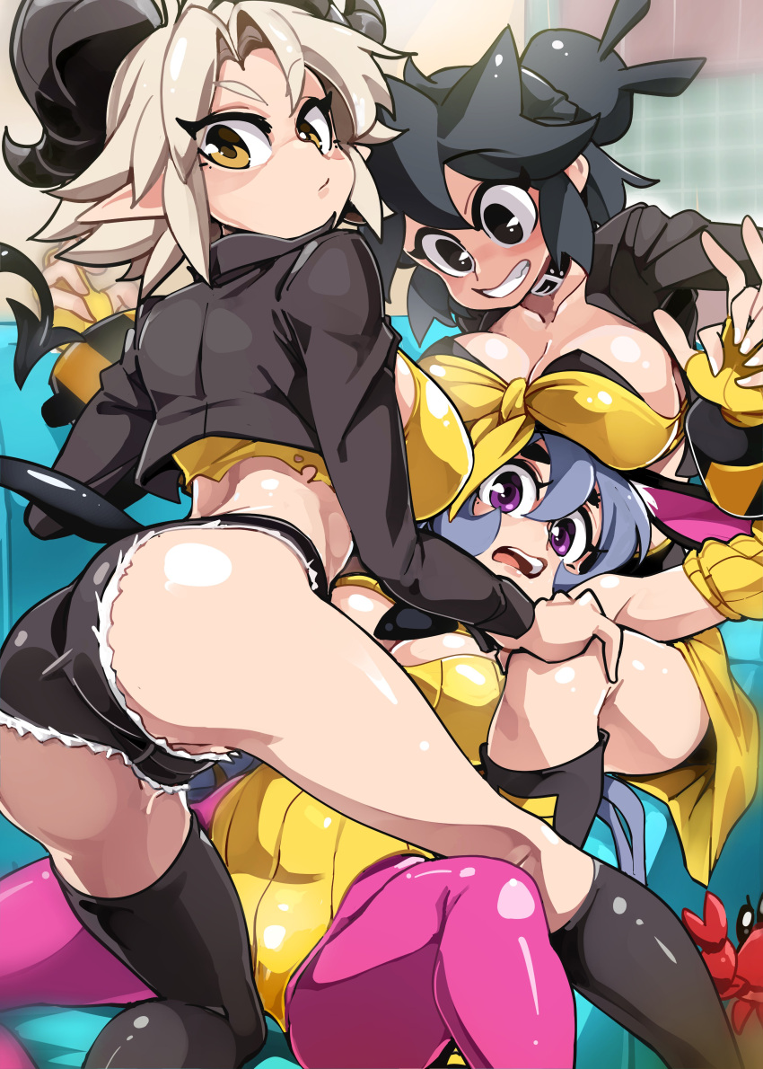 3girls absurdres animal_ears ass black_eyes black_hair black_shorts blonde_hair blue_hair blush bongfill borrowed_character breasts brown_eyes cleavage closed_mouth collarbone crab demon_girl demon_horns demon_tail denim denim_shorts grin highres horns large_breasts leotard looking_at_viewer lucia_(scott_malin) micro_shorts multiple_girls open_mouth original pantyhose parted_lips pink_pantyhose pointy_ears purple_eyes rabbit_ears rabbit_girl shorts smile susan_(rakeemspoon) tail tank_(bongfill) teeth yellow_leotard