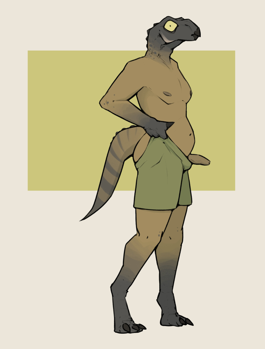 anthro belly bottomwear clothing dinosaur foreskin full-length_portrait genitals green_eyes hi_res iguanodon iguanodontid male markings mature_male nipples ornithischian penis portrait reptile scalie shirtless shorts simple_background solo spots surprise tail tail_markings zagz
