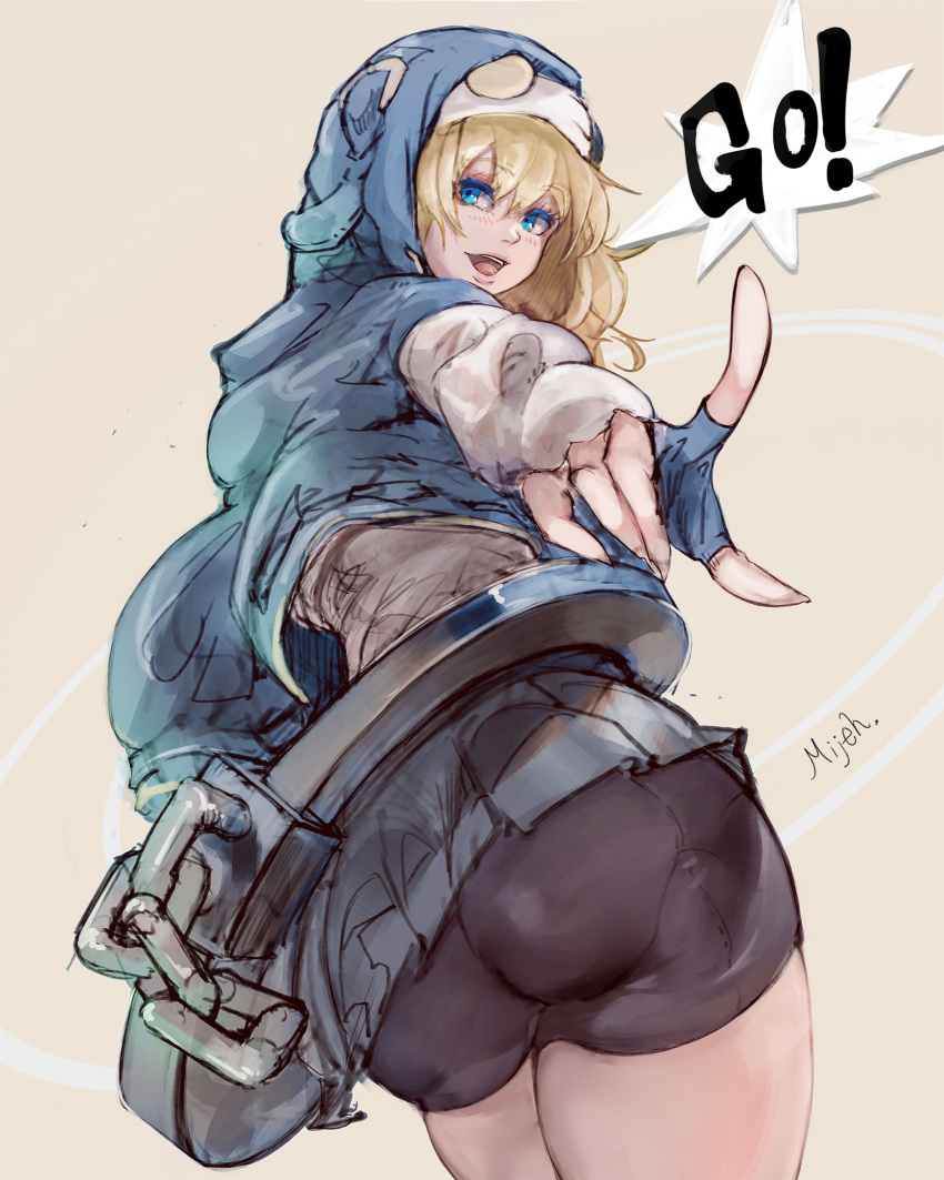 1boy ass bike_shorts bike_shorts_under_skirt black_gloves blonde_hair blue_eyes bridget_(guilty_gear) cowboy_shot cuffs fingerless_gloves from_behind gloves guilty_gear guilty_gear_strive habit handcuffs highres hood hood_up hooded_jacket hoodie jacket looking_at_viewer looking_back male_focus medium_hair mijeh open_clothes open_hoodie open_mouth otoko_no_ko pleated_skirt simple_background sketch skirt smile