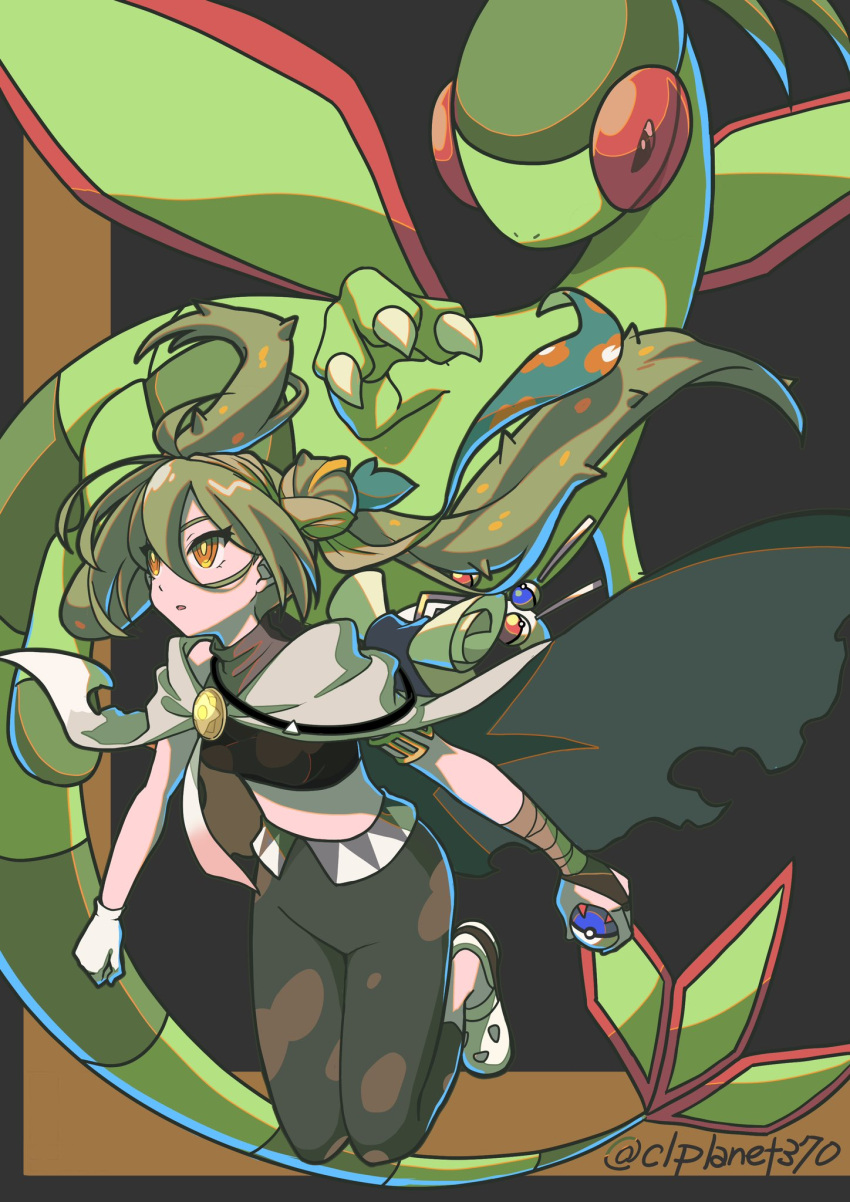 1girl aira_(exp) bandaged_arm bandages cape claws crocs crop_top double_bun dragon flygon gloves great_ball ground_miku_(project_voltage) hair_between_eyes hair_bun hatsune_miku highres long_hair midriff orange_eyes pants poke_ball pokemon pokemon_(creature) project_voltage single_glove twintails very_long_hair vocaloid white_gloves