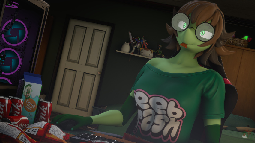 3d_(artwork) 4k absurd_res anthro bedroom digital_media_(artwork) donglysfm eyewear eyewear_only female gaming glasses glasses_only green_body hi_res junk_food lily_springtail_(donglysfm) lizard loose_shirt nerd nude reptile revamped_anthros scalie solo source_filmmaker