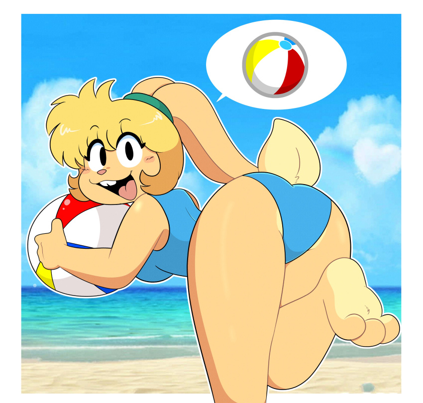 3_toes absurd_res anthro ball barefoot beach beach_ball bent_over black_eyes blonde_hair blue_clothing blue_one-piece_swimsuit blue_swimwear blush blush_stickers breasts buckteeth butt clothed clothing cloud countershade_feet countershading day eyebrow_through_hair eyebrows eyelashes feet female foot_tuft fur hair hi_res hindpaw holding_ball holding_beach_ball holding_object inflatable kabula_(artist) lagomorph leporid looking_at_viewer looking_back looking_back_at_viewer mammal one-piece_swimsuit open_mouth open_smile paws photo_background photography_(artwork) pictographics pink_nose plantigrade rabbit raised_calf raised_foot rear_view sand scut_tail sea seaside short_tail sky smile smiling_at_viewer soles solo speech_bubble swimwear tail tan_body tan_fur teeth toes tongue translucent translucent_hair tuft water wide_eyed