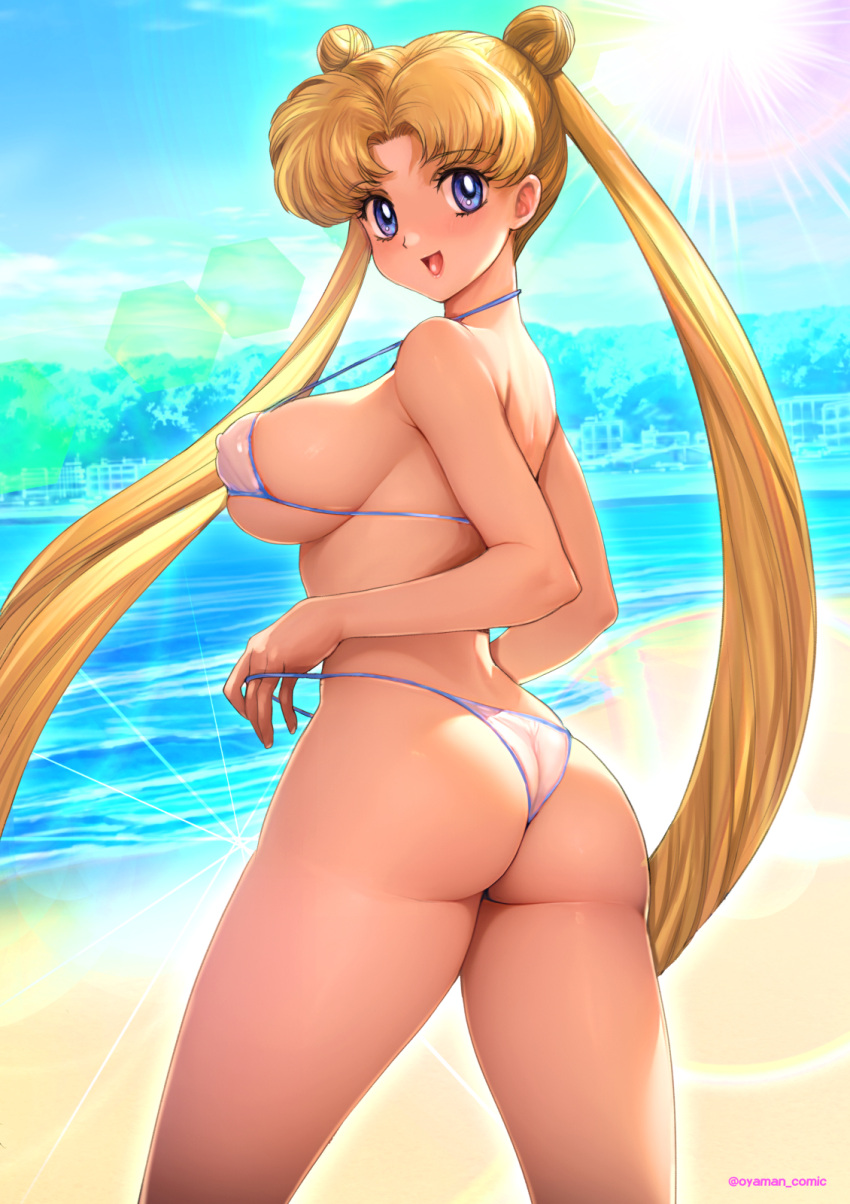 1girl artist_name ass bare_arms bare_shoulders beach bikini bikini_pull bishoujo_senshi_sailor_moon blonde_hair blue_eyes breasts clothes_pull commentary_request covered_nipples day double_bun from_behind hair_bun highleg highleg_bikini highres large_breasts long_hair looking_at_viewer looking_back ocean outdoors oyaman signature simple_background smile solo sunlight swimsuit thighs tsukino_usagi twintails twisted_torso water