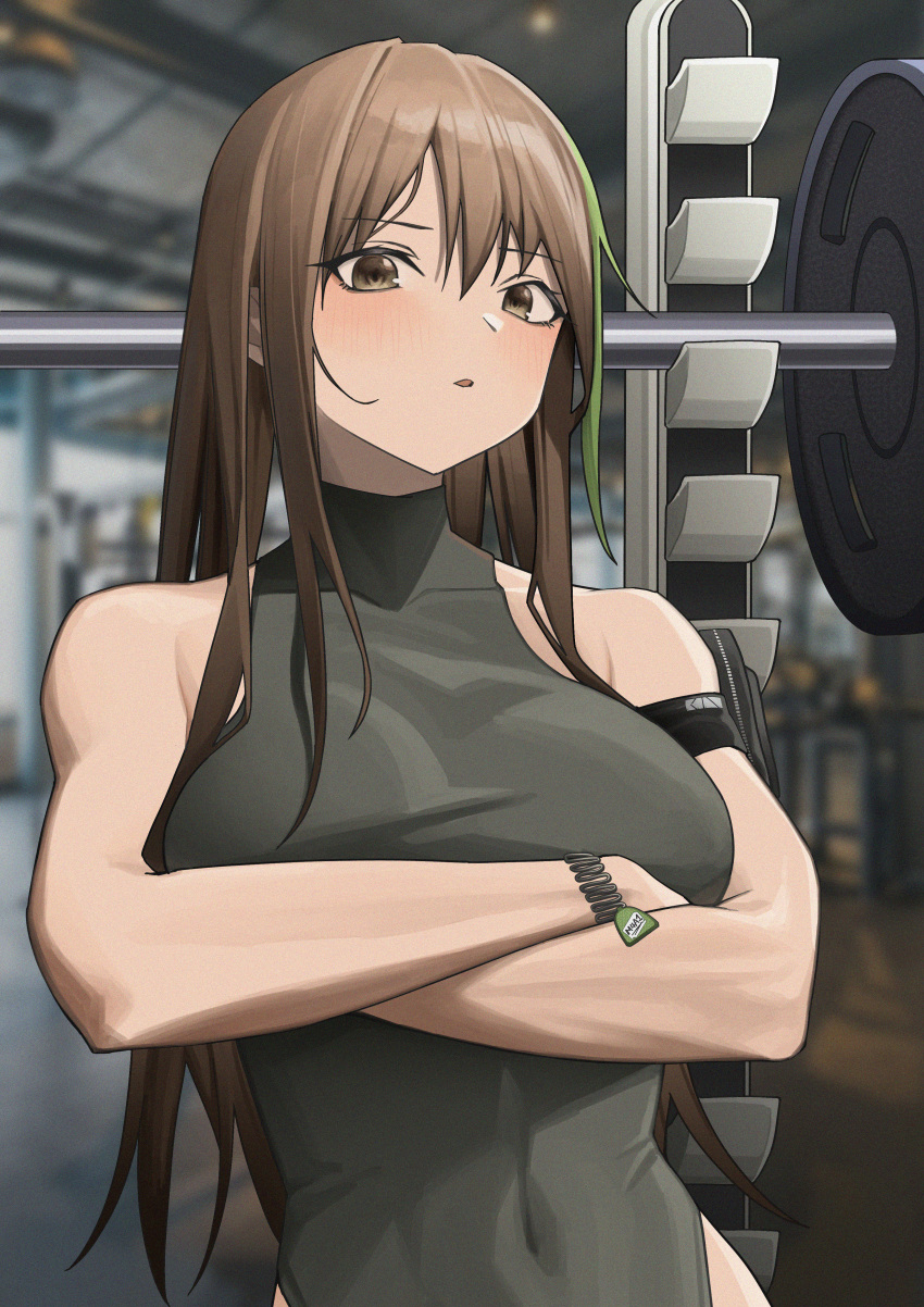 1girl absurdres alter_sang bare_shoulders black_armband black_leotard blurry blurry_background blush bodysuit bracelet breasts brown_eyes brown_hair character_name commentary commentary_typo covered_navel cowboy_shot crossed_arms english_commentary exercise_machine girls'_frontline green_hair griffin_&amp;_kryuger gym highres jewelry leotard leotard_sweater long_hair looking_at_viewer m4a1_(girls'_frontline) medium_breasts multicolored_hair name_tag no_jacket parted_lips solo streaked_hair turtleneck_leotard weights