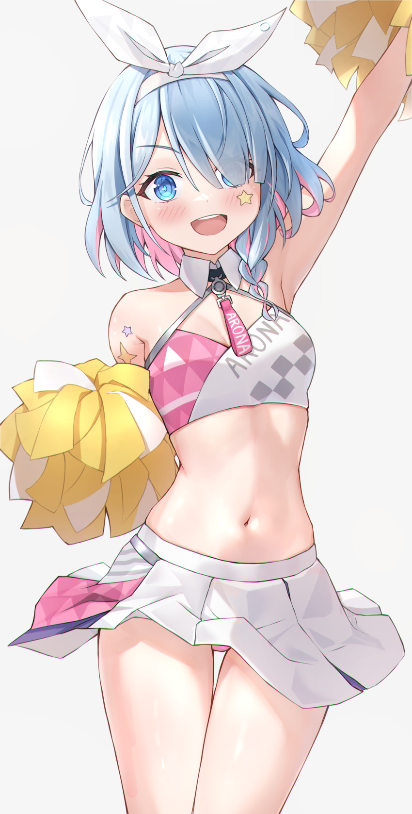 1girl absurdres alternate_costume arm_up armpits arona_(blue_archive) blue_archive blue_eyes blue_hair blush braid cheering cheerleader crop_top detached_collar hair_over_one_eye hairband highres holding holding_pom_poms looking_at_viewer midriff millennium_cheerleader_outfit_(blue_archive) multicolored_hair navel open_mouth pink_hair pom_pom_(cheerleading) reneua school_uniform short_hair skirt smile solo star_sticker sticker_on_arm sticker_on_face text_print two-tone_skirt