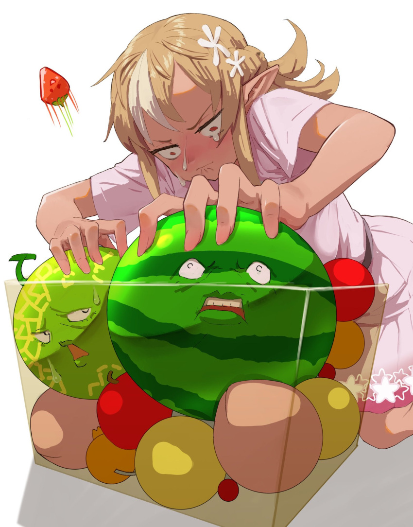 1girl angry apple belt black_belt blonde_hair cantaloupe constricted_pupils crying dark-skinned_female dark_skin dress elf excalibur_face flower food frown fruit hair_flower hair_ornament highres hololive kneeling long_hair multicolored_hair pink_dress pleated_dress pointy_ears pushing red_eyes shiranui_flare shiranui_flare_(4th_costume) short_sleeves strawberry streaked_hair suika_game sweat uzuradobin virtual_youtuber watermelon white_background white_hair