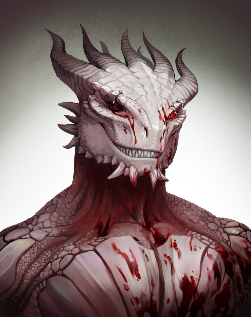absurd_res anthro baldur's_gate blood bodily_fluids dragon dragonborn_(dnd) dungeons_and_dragons grin hasbro hi_res horn male muscular muscular_anthro muscular_male red_eyes scales sharp_teeth shirtless smile solo tavyapl teeth the_dark_urge_(baldur's_gate) white_body white_scales wizards_of_the_coast