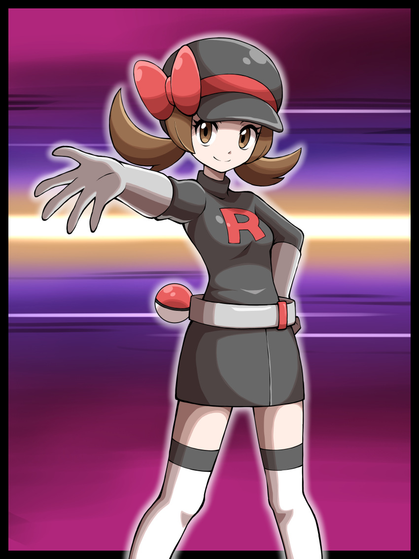 1girl absurdres alternate_costume arrow_(symbol) belt black_dress black_headwear brown_eyes brown_hair closed_mouth dialogue_box dress eyelashes gloves grey_gloves hat hat_ribbon highres logo long_hair looking_at_viewer lyra_(pokemon) poke_ball poke_ball_(basic) poke_ball_symbol pokemon pokemon_(game) pokemon_hgss red_ribbon ribbon shabana_may short_dress smile solo team_rocket team_rocket_uniform thighhighs trainer_wants_to_battle twintails white_thighhighs