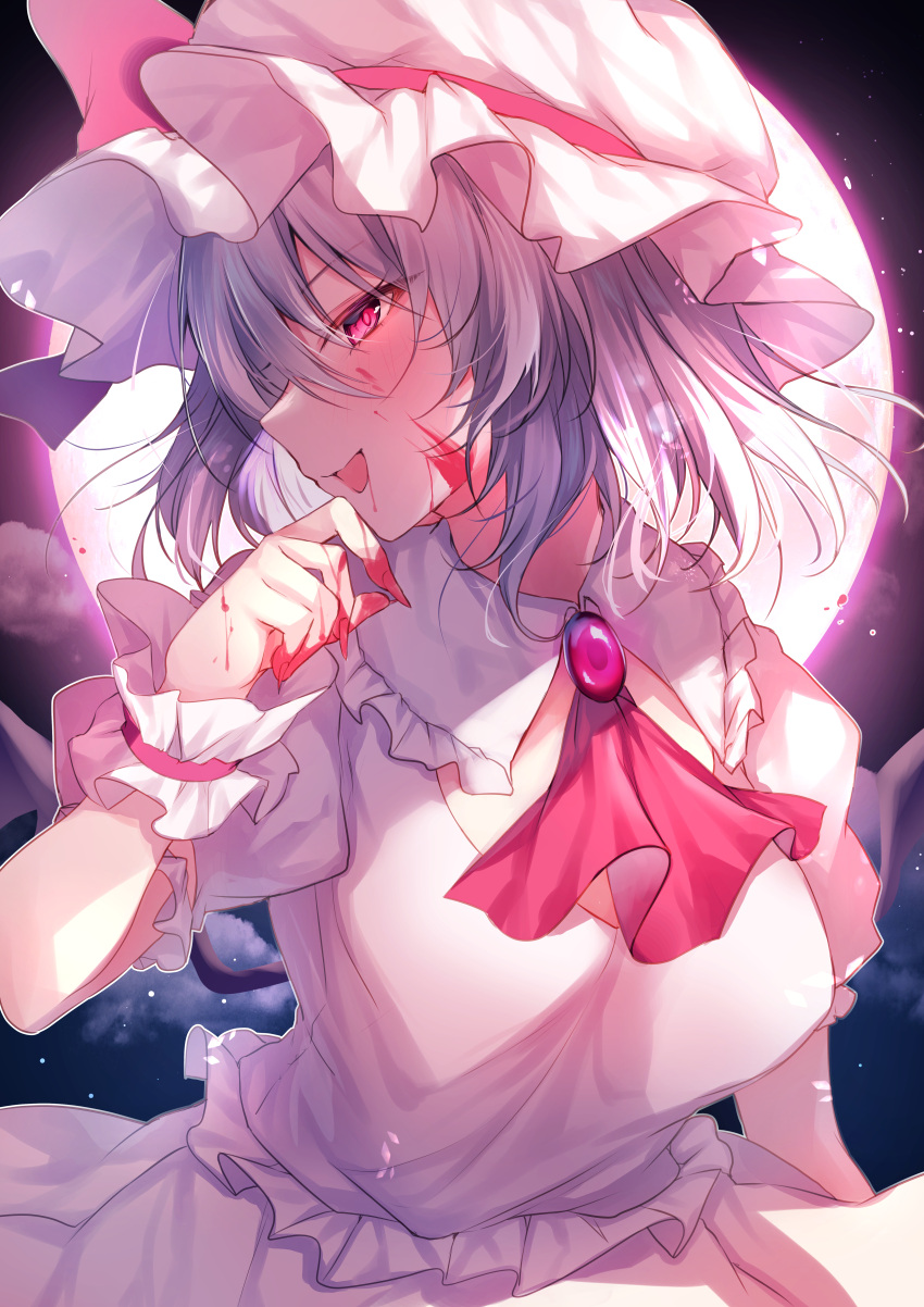 1girl absurdres ascot blood blood_on_face blood_on_hands collared_shirt fingernails frilled_shirt_collar frills full_moon hand_up hat highres long_fingernails mob_cap moon nenobi_(nenorium) purple_hair red_ascot red_eyes remilia_scarlet sharp_fingernails shirt short_hair short_sleeves skirt solo touhou white_headwear white_shirt white_skirt wrist_cuffs