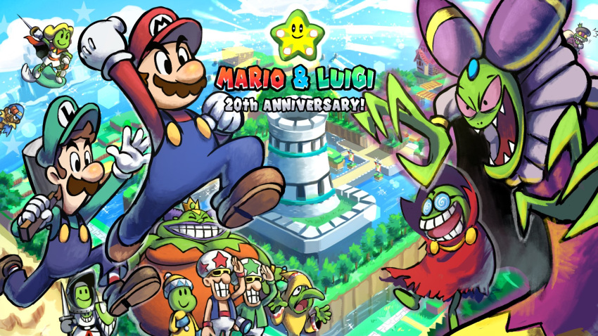 3girls 6+boys @_@ anniversary blue_headwear blue_overalls breasts brown_hair building cackletta character_request clenched_hands cloud colored_skin day facial_hair fawful geno_(mario) gloves green_skin hammer highres holding holding_hammer lady_lima luigi mario mario_&amp;_luigi:_superstar_saga mario_&amp;_luigi_rpg mario_(series) masanori_sato_(style) multiple_boys multiple_girls mustache open_mouth outdoors overalls popple_(mario) prince_peasley red_headwear red_shirt sharp_teeth shirt sky star_(symbol) teeth white_gloves ya_mari_6363