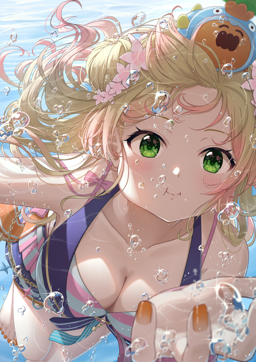 1girl absurdres air_bubble bikini blonde_hair breasts bubble cleavage collarbone flower gradient_hair green_eyes hair_flower hair_ornament highres hololive large_breasts long_hair momosuzu_nene multicolored_hair nekko_(momosuzu_nene) orange_nails pink_hair shima6644 swimsuit underwater virtual_youtuber