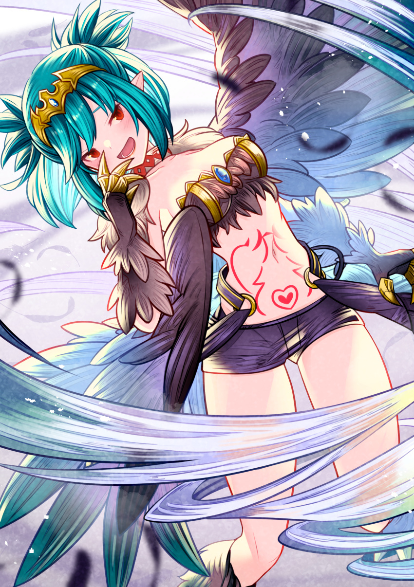 1girl absurdres bird_legs black_feathers black_wings blue_eyes blush breasts claws cleavage commentary_request commission feathers habutei hand_to_own_face harpy heart heart_tattoo highres indie_virtual_youtuber lincoro monster_girl navel open_mouth pointy_ears red_eyes short_twintails skeb_commission small_breasts solo stomach_tattoo talons tattoo tiara twintails virtual_youtuber wind winged_arms wings
