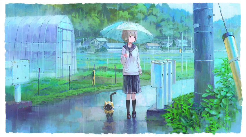 1girl black_cat black_footwear black_sailor_collar black_skirt black_socks brown_hair cardigan cat commentary_request day feel_(nasitaki) forest grass greenhouse grey_eyes guard_rail highres house leaf long_hair nature open_mouth original outdoors pleated_skirt rain road sailor_collar scenery short_hair skirt socks standing umbrella utility_pole white_cardigan window yellow_raincoat