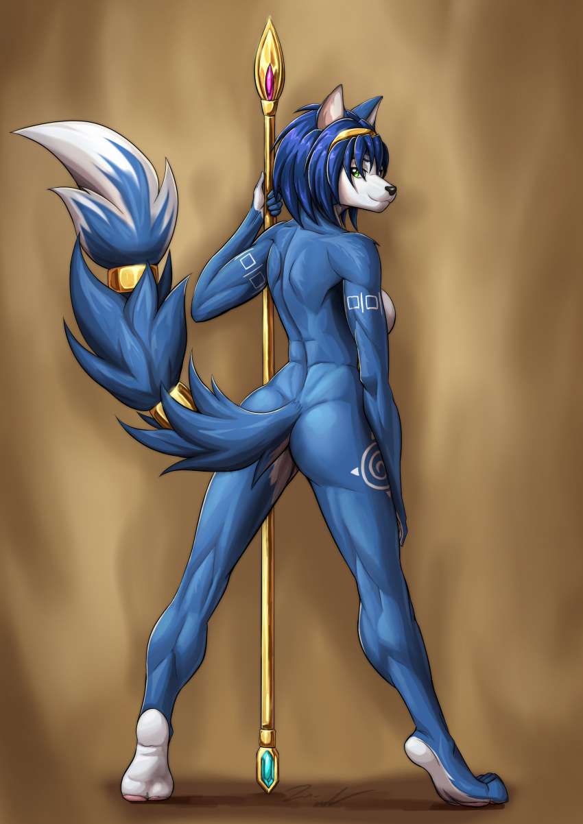 2023 absurd_res accessory anthro athletic athletic_anthro athletic_female blue_body blue_fur blue_hair breasts butt canid canine digital_drawing_(artwork) digital_media_(artwork) female fox fur furgonomics gem green_eyes hair hand_on_leg hand_on_thigh headband hi_res holding_object holding_staff jewelry krystal krystal's_staff looking_at_viewer looking_back mammal markings multicolored_body multicolored_fur nintendo nude redraw ring short_hair simple_background smile solo staff standing star_fox tail tail_accessory tail_jewelry tail_ring white_body white_fur za-owl