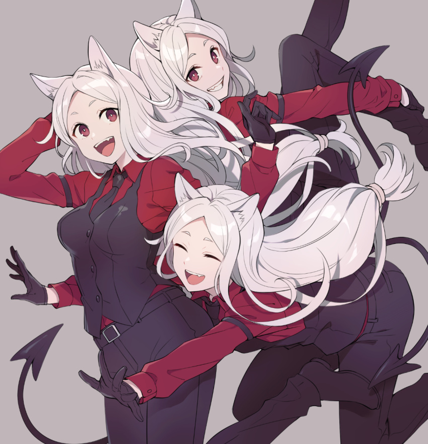 3girls :d animal_ears black_necktie black_vest cerberus_(helltaker) collared_shirt demon_tail dog_ears e_(eokiba) fang glomp grey_background grey_hair grin helltaker highres hug long_hair long_sleeves low-tied_long_hair multiple_girls necktie pants red_eyes red_shirt shirt simple_background smile tail teeth upper_teeth_only vest