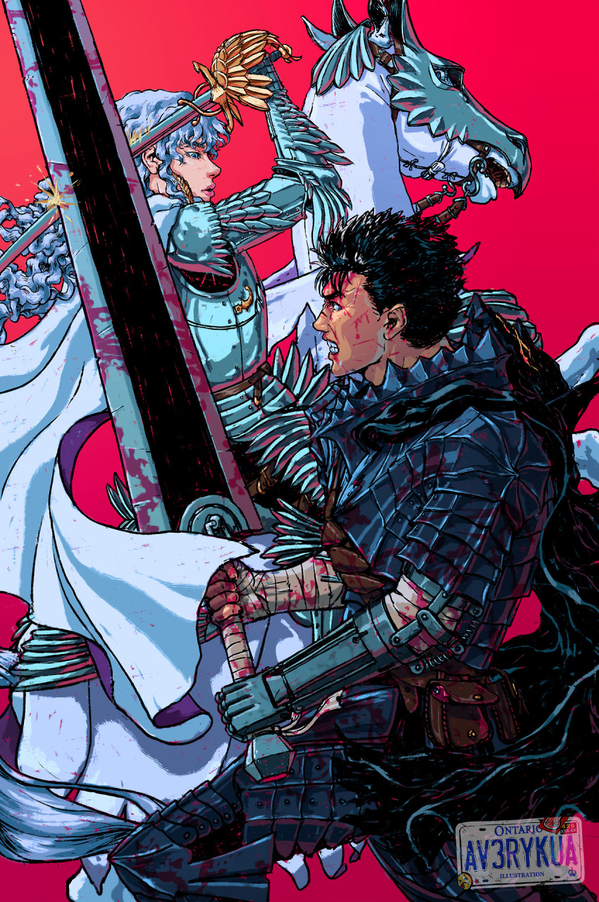 2boys armor armored_animal artist_name avery_kua bandaged_arm bandages barding berserk black_hair blood blood_on_face crossed_swords dragonslayer_(sword) feet_out_of_frame fighting griffith_(berserk) guts_(berserk) highres holding holding_sword holding_weapon horse long_hair looking_at_another multiple_boys prosthesis prosthetic_arm red_background short_hair sword teeth weapon white_hair