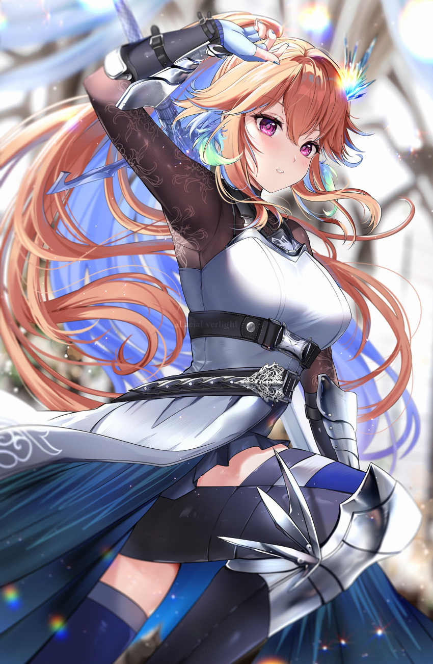 1girl absurdres arm_up armor belt blue_hair earrings feather_earrings feathers fingerless_gloves gloves hair_ornament highres hololive hololive_english jewelry lacia_everlight long_hair multicolored_hair orange_hair ponytail purple_eyes solo sword sword_on_back takanashi_kiara takanashi_kiara_(6th_costume) virtual_youtuber watermark weapon weapon_on_back