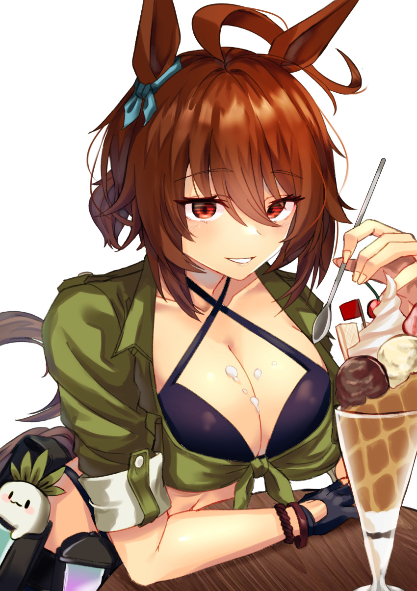 1girl :3 absurdres agnes_tachyon_(lunatic_lab)_(umamusume) agnes_tachyon_(umamusume) ahoge animal_ears bikini black-bikini black_bikini black_gloves breasts brown_hair cherry cleaavage cleavage collarbone criss-cross_halter ear_ornament food fruit gloves green_jacket hair_between_eyes halterneck highres holding holding_spoon horse_ears horse_girl ice_cream jacket kii-kun_(agnes_tachyon)_(umamusume) mandrake messy_hair midriff navel official_alternate_costume official_alternate_hairstyle red_eyes short_hair short_ponytail single_glove spoon summer's_sunlight_fades_to_blue_(umamusume) sundae swimsuit tied_jacket tomoru_(tomanvil_3) umamusume upper_body wafer whipped_cream