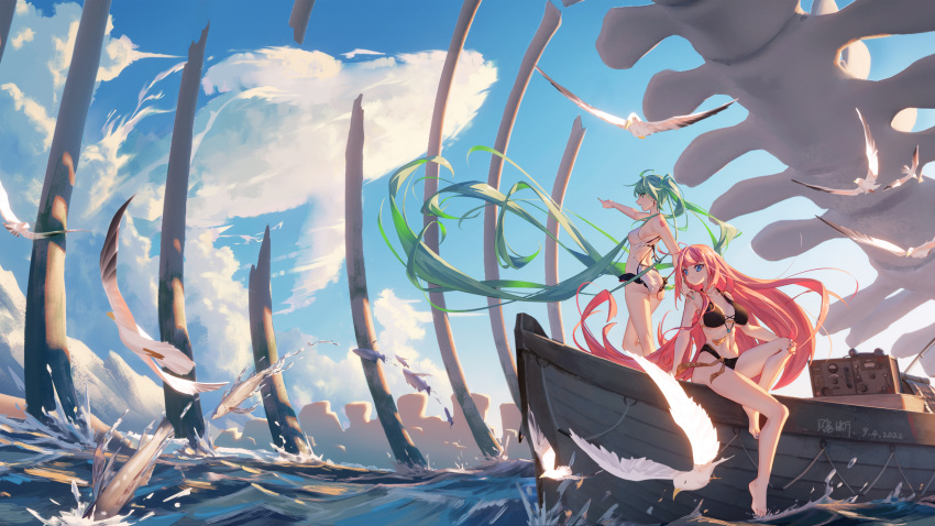 2girls :o animal_skeleton aqua_eyes aqua_hair backless_swimsuit bikini bird black_bikini blue_eyes blue_nails blue_sky boat bone breasts cloud dated earrings fish fishing_rod floating_hair frilled_one-piece_swimsuit frills geduan hand_on_another's_shoulder hand_on_own_knee hatsune_miku highres jewelry large_breasts long_hair looking_afar medium_breasts megurine_luka multiple_girls navel ocean one-piece_swimsuit open_mouth outdoors pink_hair pointing scenery seagull shoulder_tattoo signature sitting skeleton sky smile swimsuit tattoo twintails very_long_hair vocaloid water watercraft whale white_one-piece_swimsuit