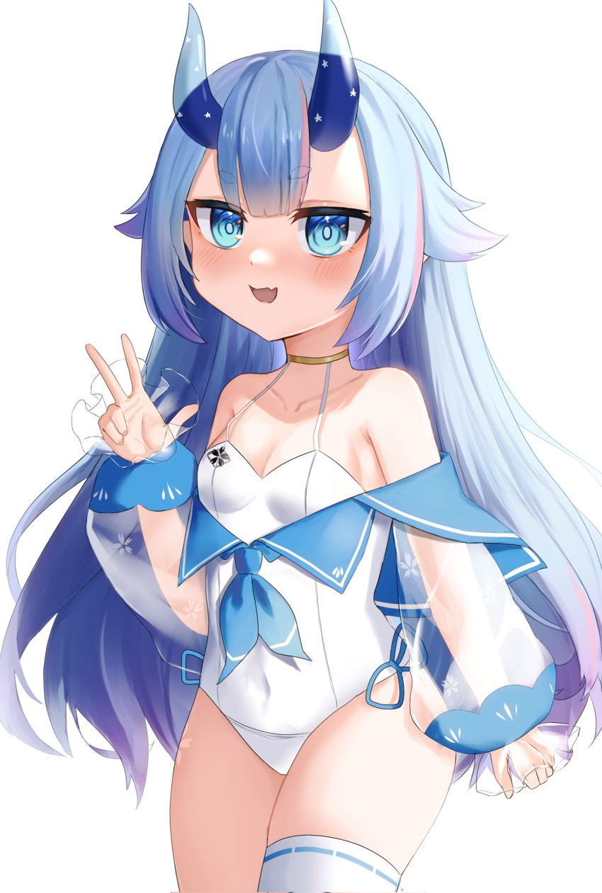 1girl alternate_color_school_swimsuit azur_lane bare_shoulders blue_eyes blue_hair blue_horns blue_sailor_collar blunt_bangs blush breasts covered_navel cowboy_shot hand_up highres horns i-13_(azur_lane) jersum long_hair looking_at_viewer one-piece_swimsuit open_mouth sailor_collar sakura_empire_(emblem) school_swimsuit see-through see-through_sleeves simple_background single_thighhigh small_breasts smile solo swimsuit thighhighs transparent_horns w white_background white_one-piece_swimsuit white_thighhighs