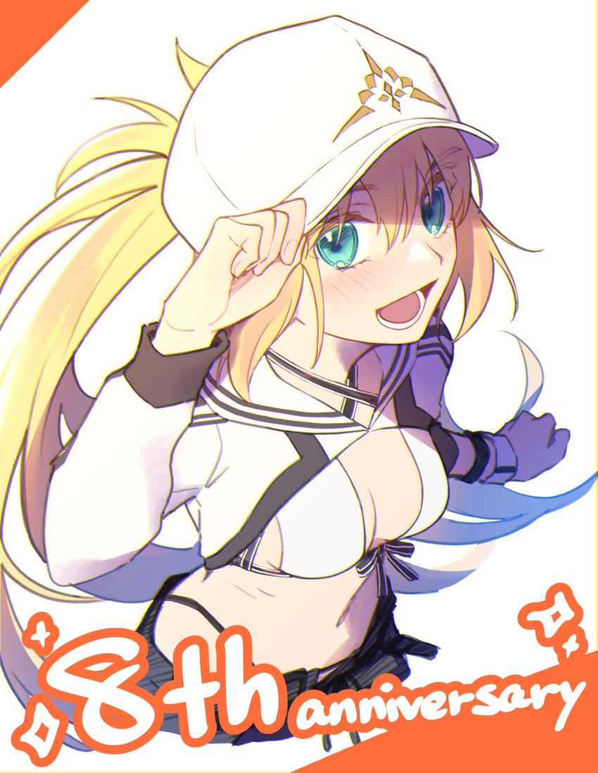 1girl anniversary artoria_caster_(fate) artoria_caster_(swimsuit)_(fate) artoria_pendragon_(fate) baseball_cap bikini blonde_hair blush breasts fate/grand_order fate_(series) green_eyes hat highres long_hair looking_at_viewer open_mouth ponytail shayubi shrug_(clothing) small_breasts smile solo swimsuit upper_body white_bikini