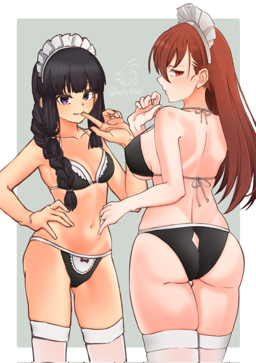 2girls alternate_costume ass bikini black_bikini border braid braided_ponytail breasts brown_hair cleavage closed_mouth commentary_request cowboy_shot dress enmaided frilled_bikini frills from_behind grey_background hand_on_own_hip highres jewelry kantai_collection kitakami_(kancolle) long_hair looking_at_viewer looking_back maid maid_bikini maid_headdress medium_breasts mochizou multiple_girls navel ooi_(kancolle) purple_eyes red_eyes ring signature smile swimsuit thighhighs twitter_username unconventional_maid wedding_ring white_border white_thighhighs